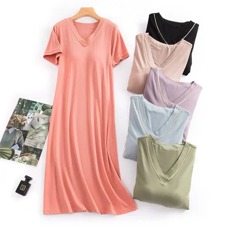 

Housewear Female Neck Dress Summer Nightshirt Women Sleeve Long For Short Nightgowns Loose Modal Nightwear Sleeping