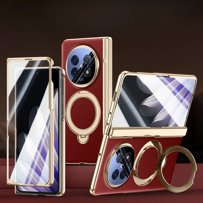 Luxury Leather Folding Case with Magnetic Rotating Ring Holder & Privacy Glass