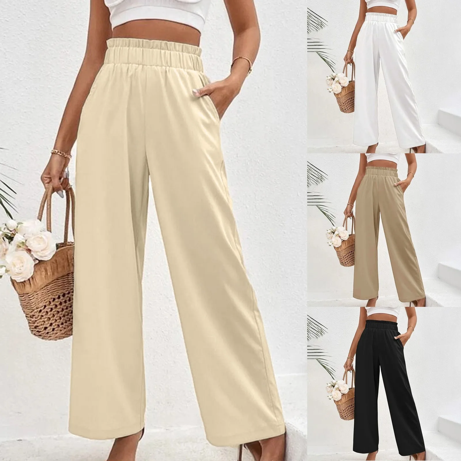 

2024 Women's High-waisted Elastic Waist Casual Cropped Pants Cotton Linen Blend Loose Fit Comfortable Breathable Summer Trousers