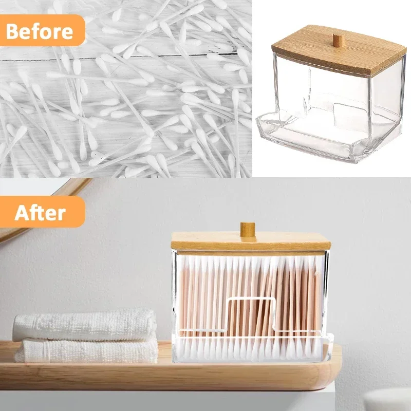 Cotton Swab Holder Cotton Swab Dispenser with Bamboo Lids Bathroom Storage Jars Clear Organizer Containers Plastic Storage Box 3