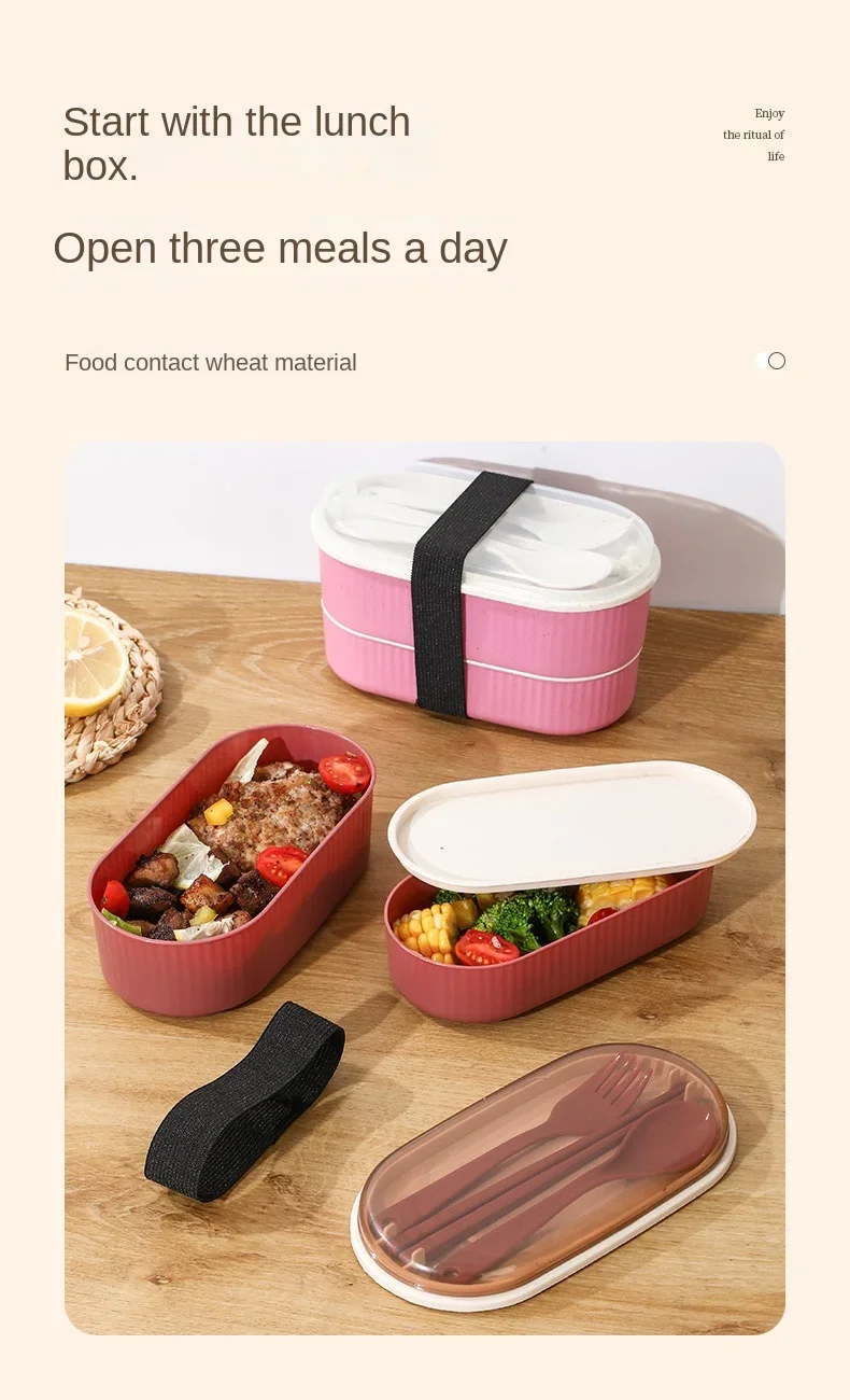 Description Picture 3 of itemDouble Layer Portable Lunch Box with Fork and Spoon Microwave Bento Boxes Dinnerware Set Food Storage Container