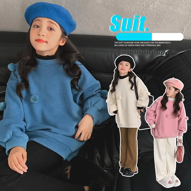 

Корейский утепленный Вязаный топ для девочек на осень и зиму, свитер с 3D помпоном для девочек-подростков, пуловер, теплая трикотажная одежда для школьниц