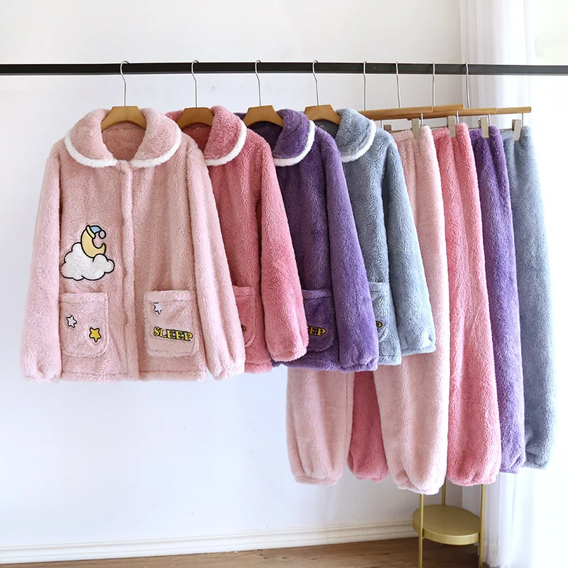 

Осенне-зимняя теплая одежда для сна, комплект, женская пижама, штаны, кардиган, Женская пижама, женская утепленная фланелевая вышивка, домашняя одежда, новинка