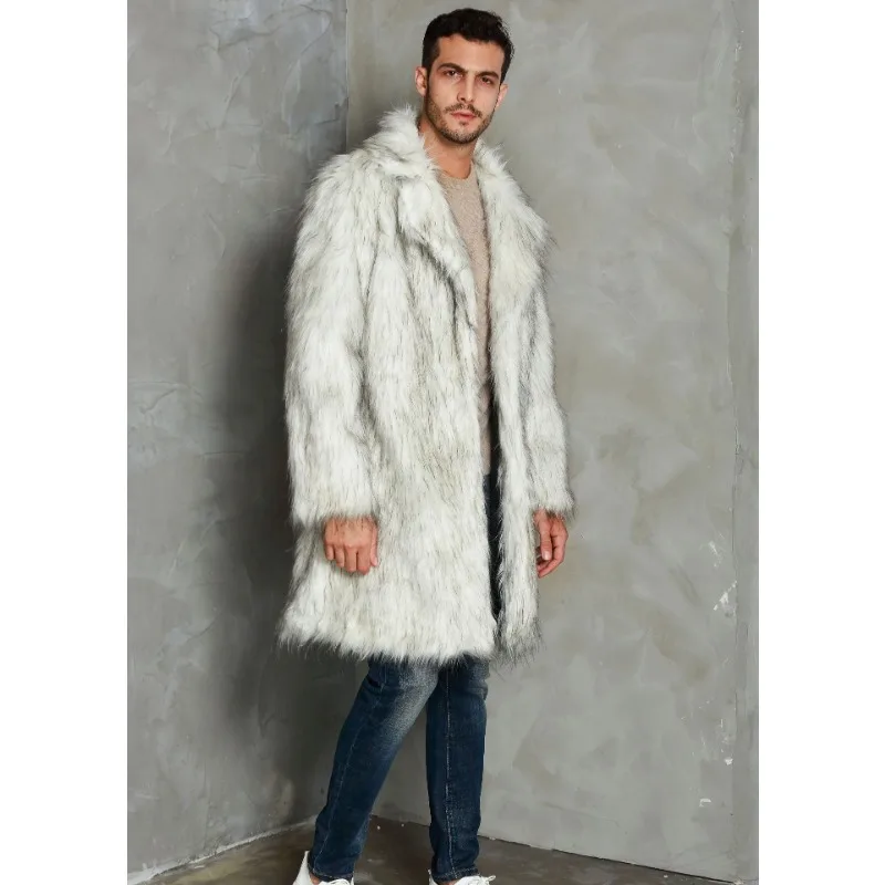 Autumn and Winter New Men's Suit Collar Imitation Fur Long Coat for Men in Europe and America