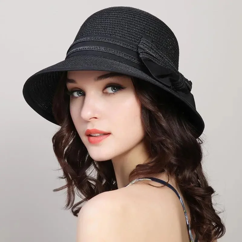 Muchique Boater Hats For Women Summer Sun Straw Hat Wide Brim Beach Hats Girl Outside Travel Straw Cap Casual Bow Hat_voghion.com