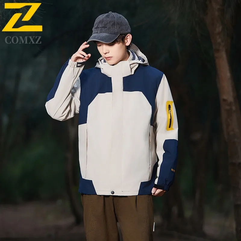 COMXZ Thickened Hooded Mens Jacket Outdoor Rock Climbing Windproof Warm Parka Minimalist Design Travel Winter New Zipper Coat