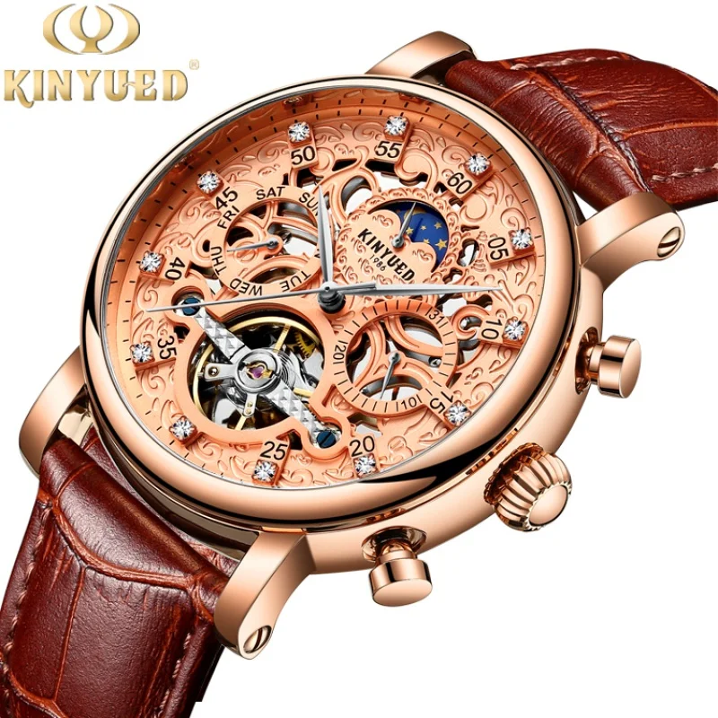 

KINYUED Moon Phase Dial Leather Strap Wristwatches 42mm Top Brand Luminous Mechanical Automatic Watch Menчасы мужские наручные