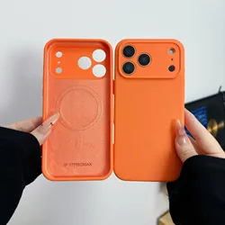 Luxury Liquid Silicone Magnetic Case with Lens Protection - Matte Soft Cover - iPhone 17 Pro (Orange)