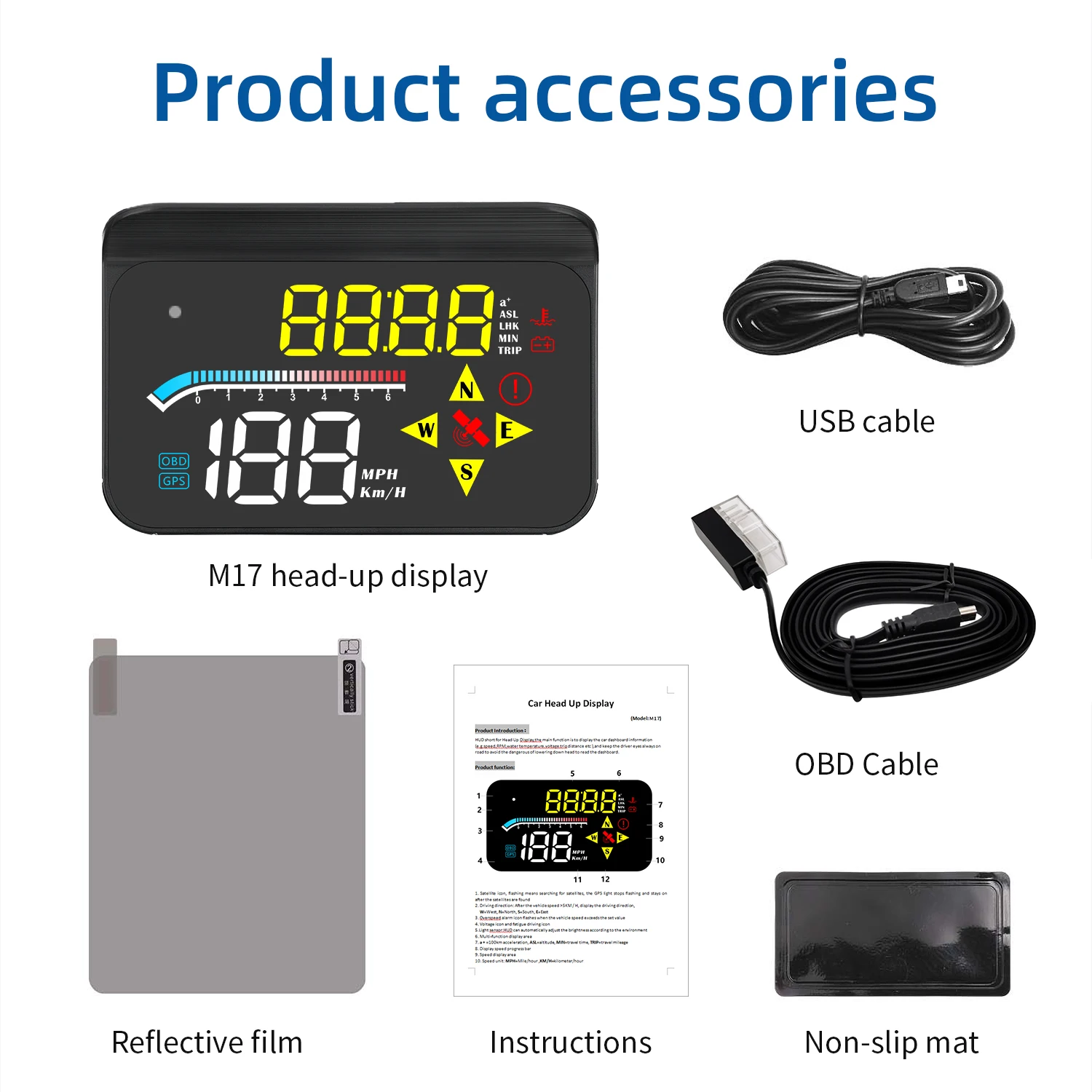 M17 OBD+GPS HUD 자동차 헤드업 디스플레이 고도계 속도계 수온계 전압계 과속 경보 피로 운전 알림 기능 포함
