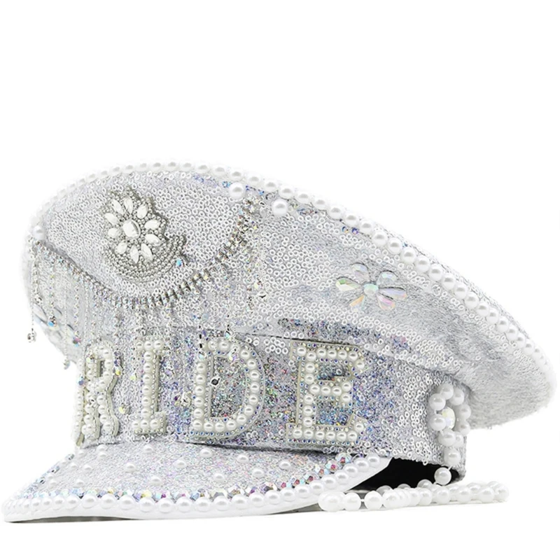 

Bride Hat with Hand Beading Shining Crystal Pearls Captain Hat for Engagement Drop shipping