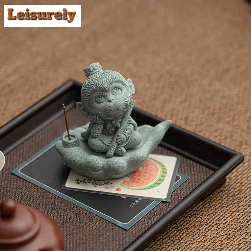 Green Sandstone Zen Wukong Tea Pet Aesthetic Flowerpot Landscaping Tea Figurine Play Toys Tea Statue Ornaments Craftsmanship