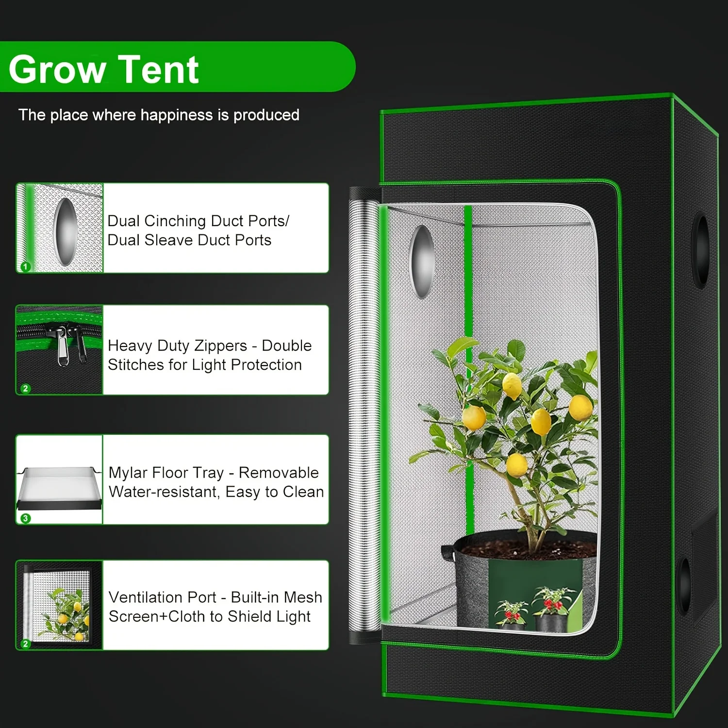 Premium Grow Tent, 16"x16"x48" High Reflective Mylar with Multi-Chamber and Floor Tray for Hydroponic Houseplants