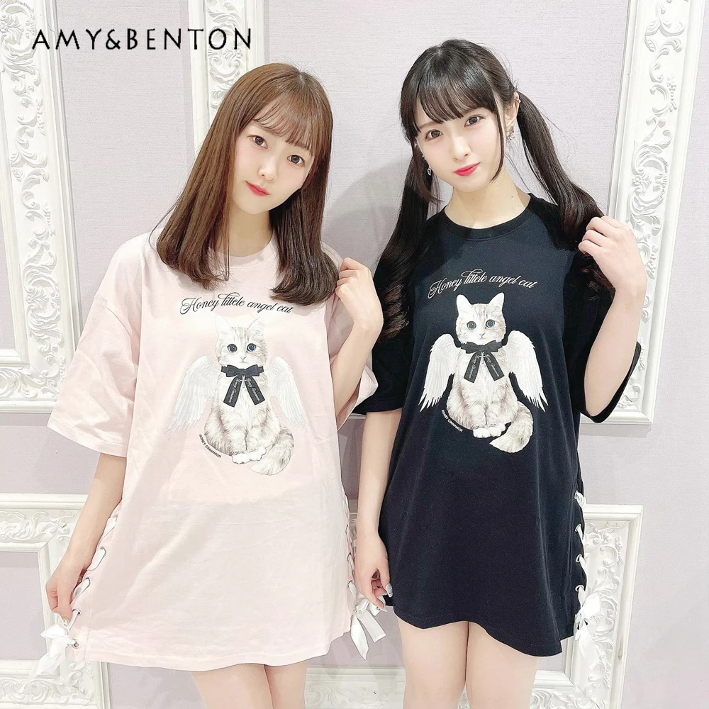 

Japanese Oversizedt T-Shirts Summer Gothic Cartoon Print Round Neck Slim Lace-up Graphic T Shirts Kawaii Pink Women Clothes