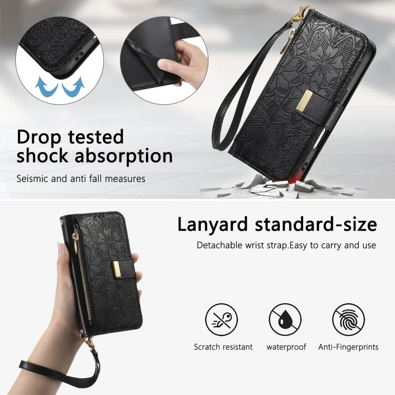Floral Leaf Design Flip Leather Phone Case with Wrist Strap and Zipper Wallet