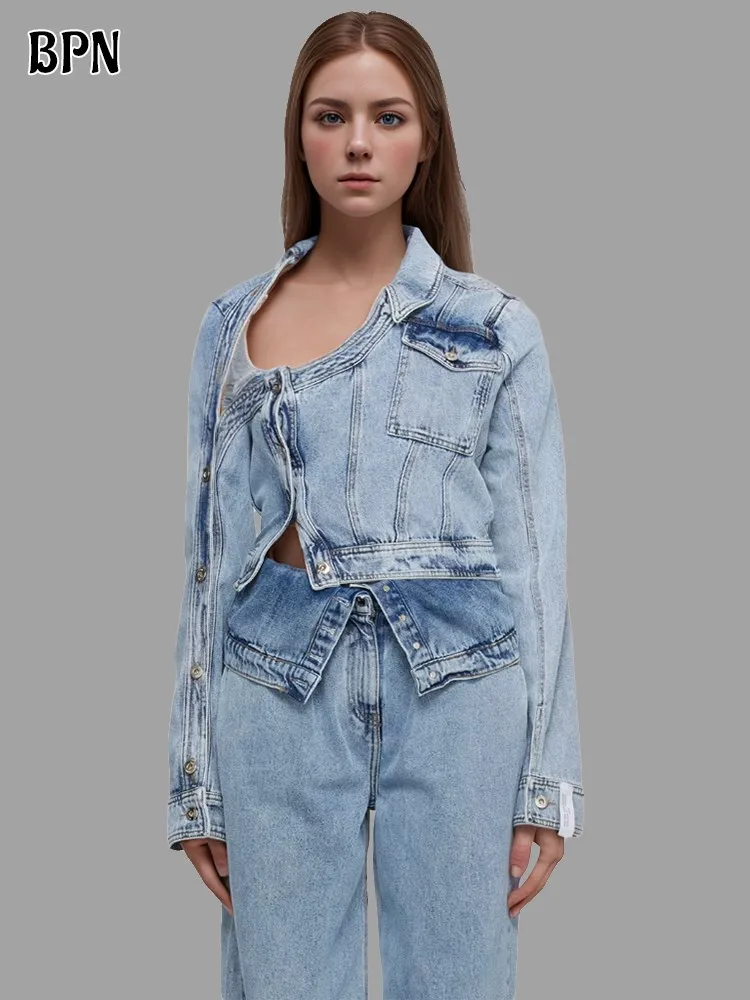 BPN Fashion Irregular Denim Jackets For Women Lapel Long Sleeve Spliced Buttons Solid Asymmetrical Coats Female Clothes New 2023