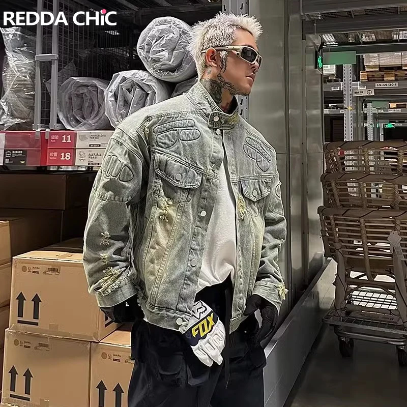 

Куртка REDDACHIC Мужская потертая из денима, винтажная мотоциклетная куртка-бомбер в стиле Heavy Industry, демисезонная уличная одежда в стиле хип-хоп с объемной подкладкой, Y2k