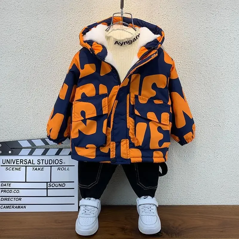 2-11Yrs Boys Velvet Zipper Coat Autumn Winter Fashion Girl Thick Letter Printing Top Children's Fleece Jacket Parka