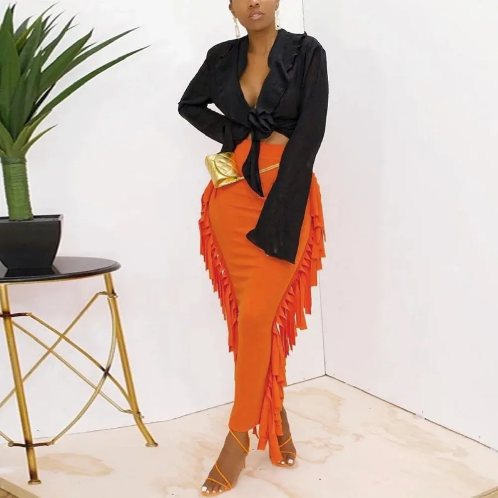 2024 Women Skirt Side Tassel High Waist Straight Skinny Stretch Elegant Trend Wild Casual Streetwear Outfits