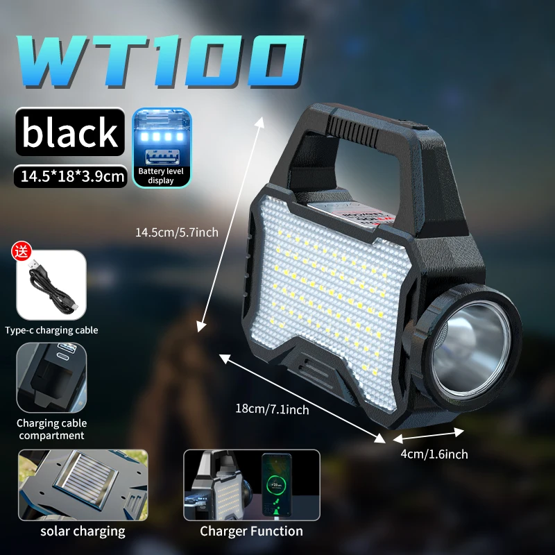 Warsun Multifunctional Searchlight Outdoor Waterproof Solar Powered Charging Bank Strong Light Flashlight Cob Lantern Hand Lamp