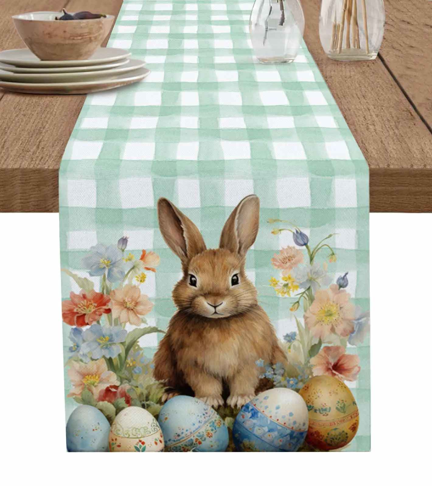 

Easter Bunny Eggs Flowers Watercolor Plaid Table Runners Kitchen Dining Decoration Table Runners Wedding Party Table Decor