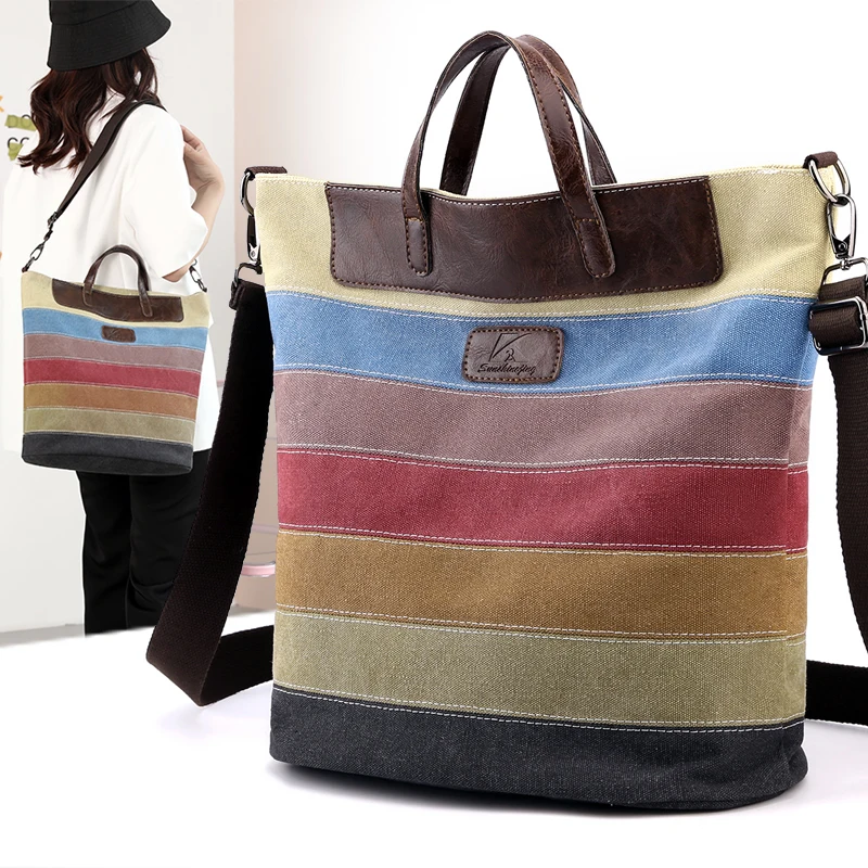 KVKY Patchwork Bucket Canvas Handbag Women Large Capacity Bag Shopping Tote Bag Girls Environmental Protect Canvas Shoulder Bag