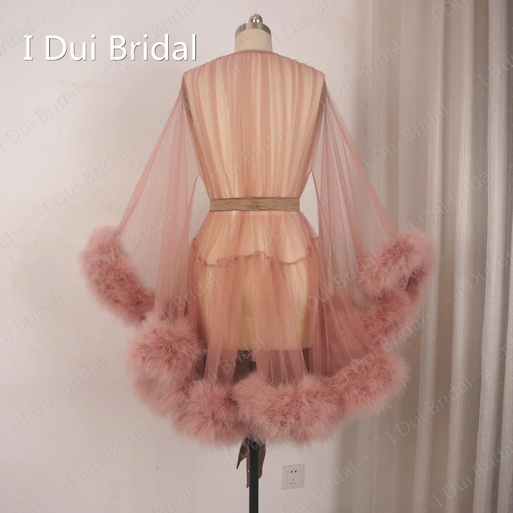 Extra Puffy Short Marabou Feather Robe Boudoir Sheer Tulle Illusion Birthday Lingerie Set
