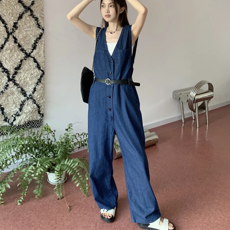 V Neck Sleeveless Denim Jumpsuits