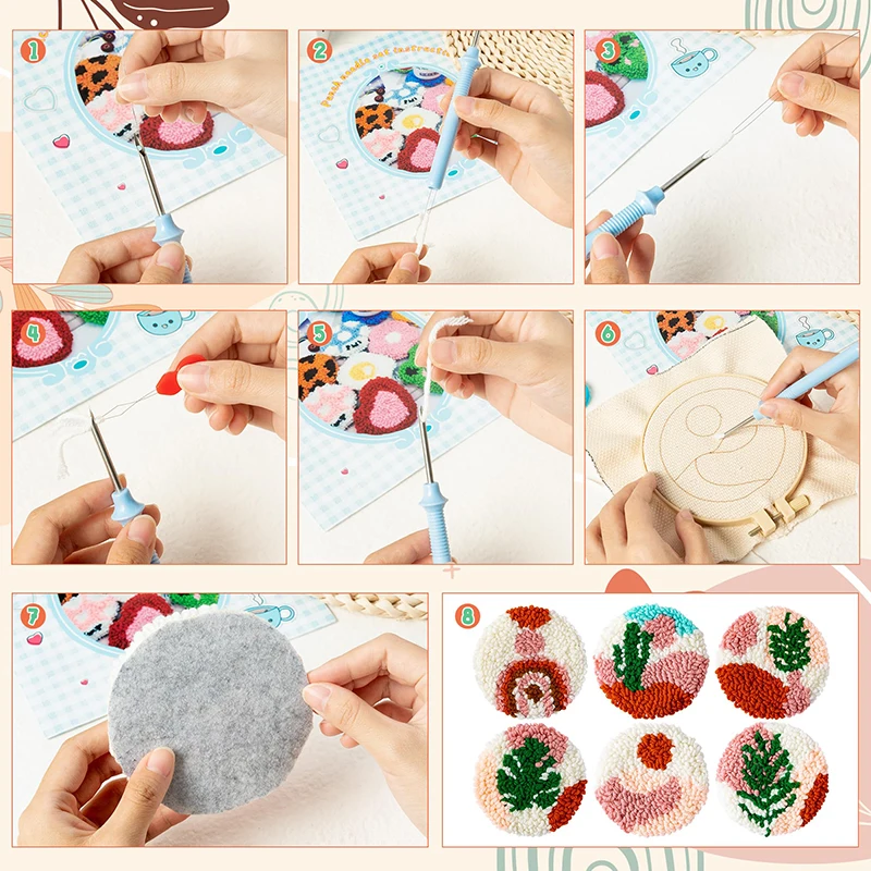 Punch Needle Embroidery Kit 22Pcs Punch Needle Embroidery Kit DIY Stitching Coasters Needlecraft Boho Pattern Tufted Rug Pads with Felt Yarns for Beginners