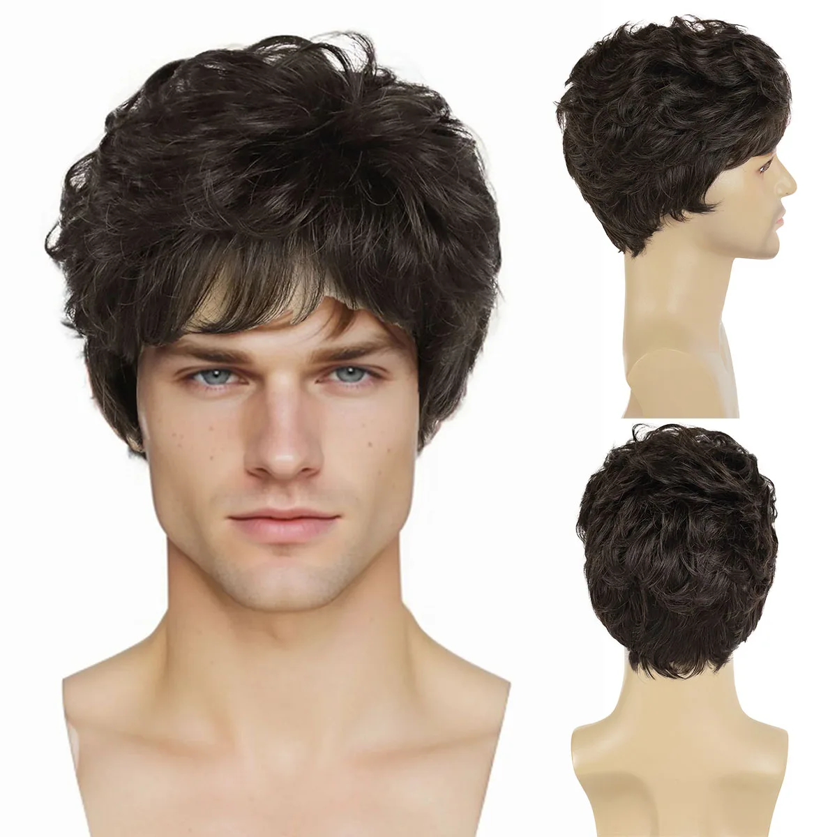 GNIMEGIL Synthetic Male Curly Wigs Short Haircuts Brown Color Hair with Bangs Fashion Hairstyles Handsome Wigs Cosplay Daddy Wig