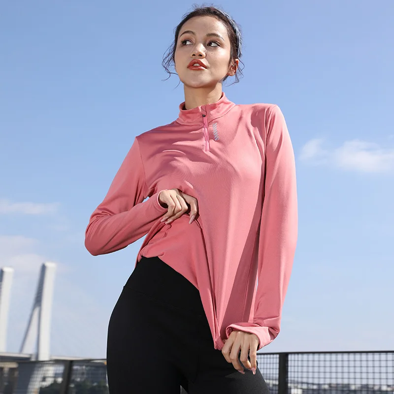 

Women's Sports Quick-Drying Long-Sleeved T-shirt Women's Yoga Clothes Autumn and Winter Fleece-Lined Fitness Running Stand Colla