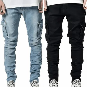 Street Elastic Jeans Men Denim Cargo Pants Wash Solid Color Multi Pockets Casual Mid Waist Trousers Slim Fit Daily Wear Joggers 6