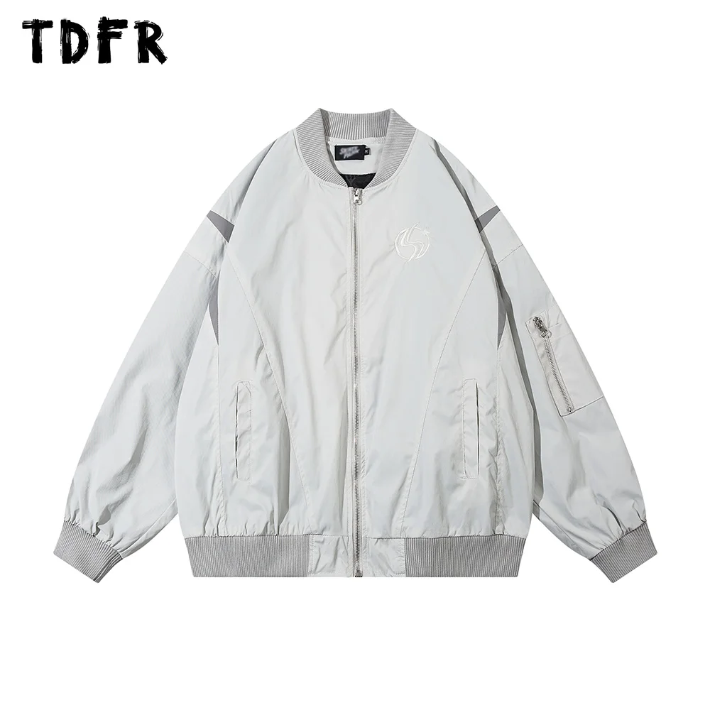 

Embroidery Cargo Jacket Solid Color Mens Autumn Casual Streetwear Loose Stand Collar Zipper Outerwear Men