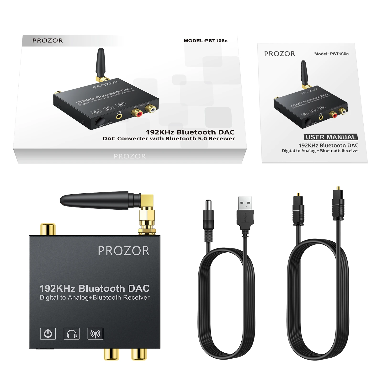 Prozor 디지털 아날로그 오디오 변환기, 블루투스 5.0 리시버, 디지털 아날로그 스테레오, L/R RCA, 3.5mm 오디오 어댑터, 192kHz