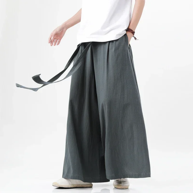 

Chinese Tang Cotton Linen Trousers Men's Day Kimono Trousers Street Retro Wide Leg Comfortable Kung Fu Martial Arts Trousers