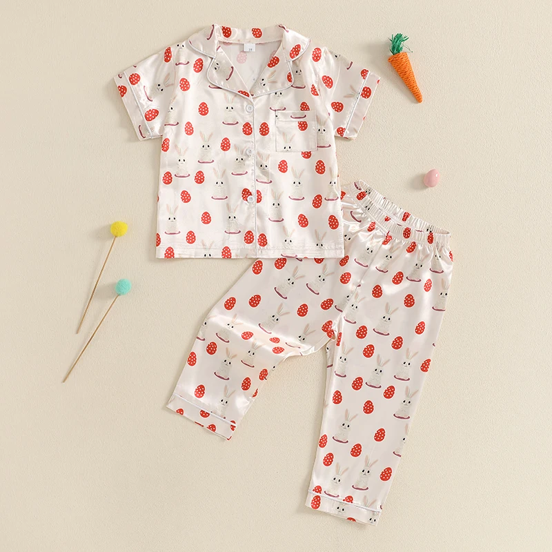 Adorable Toddler Easter Pajama Set with Bunny and Chick Print Short Sleeve Button-up Tops and Long Pants 2 Piece Sleepwear 4