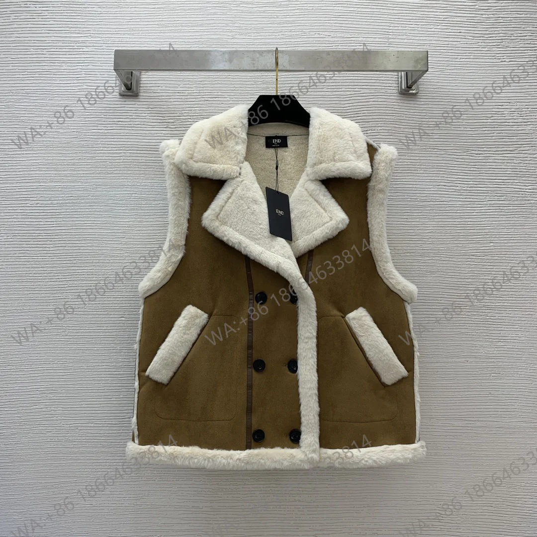 

Women's Double Breasted Polo Collar Buckle Velvet Vest Coat, High Quality, Customized, Autumn Fashion, New, 2023