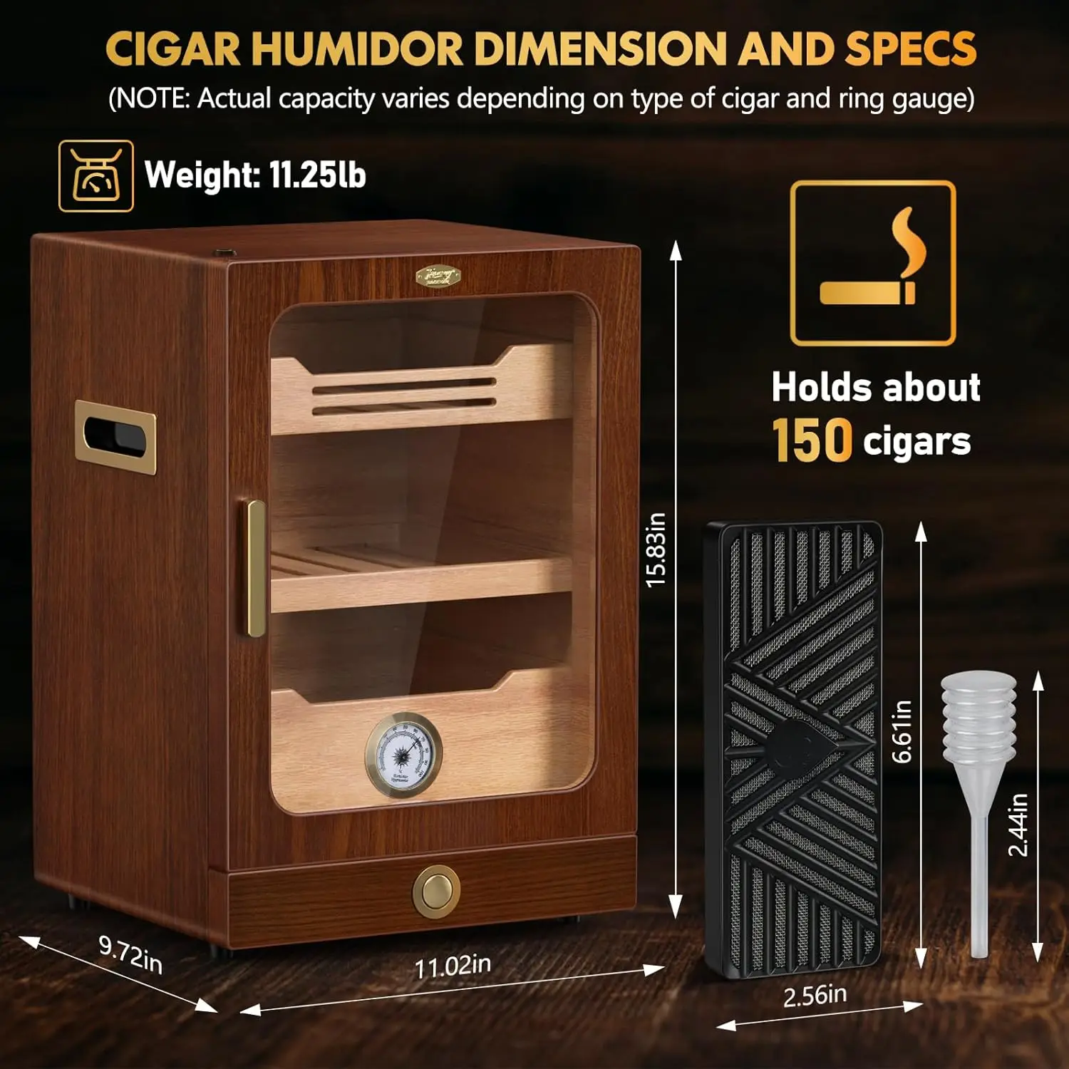 Cigar Cabinet, Desktop Humidor Light Control System with Spanish Cedar Wood Shelves, 3 Humidifiers and Accessories Drawer 2