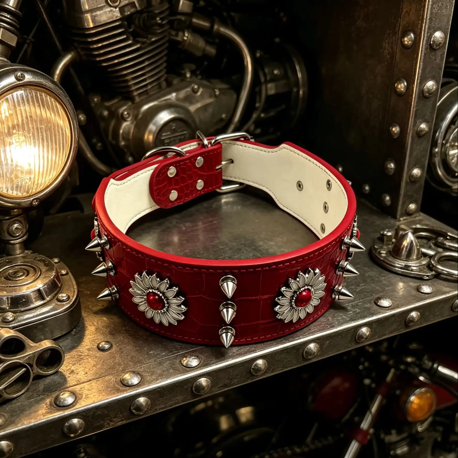 Stylish Red Riveted Dog Collar - Trendy Street Punk Design