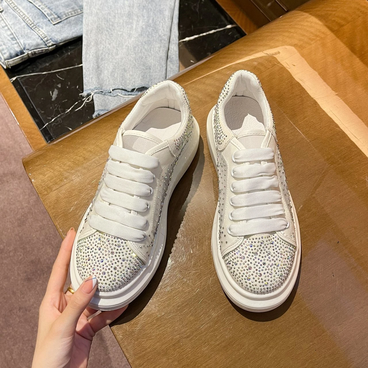 Platform Shining Crystal Sneakers Women 2022 Spring Breathable Mesh White Sneaker Woman Comfort Flat Heels Casual Shoes 35-40