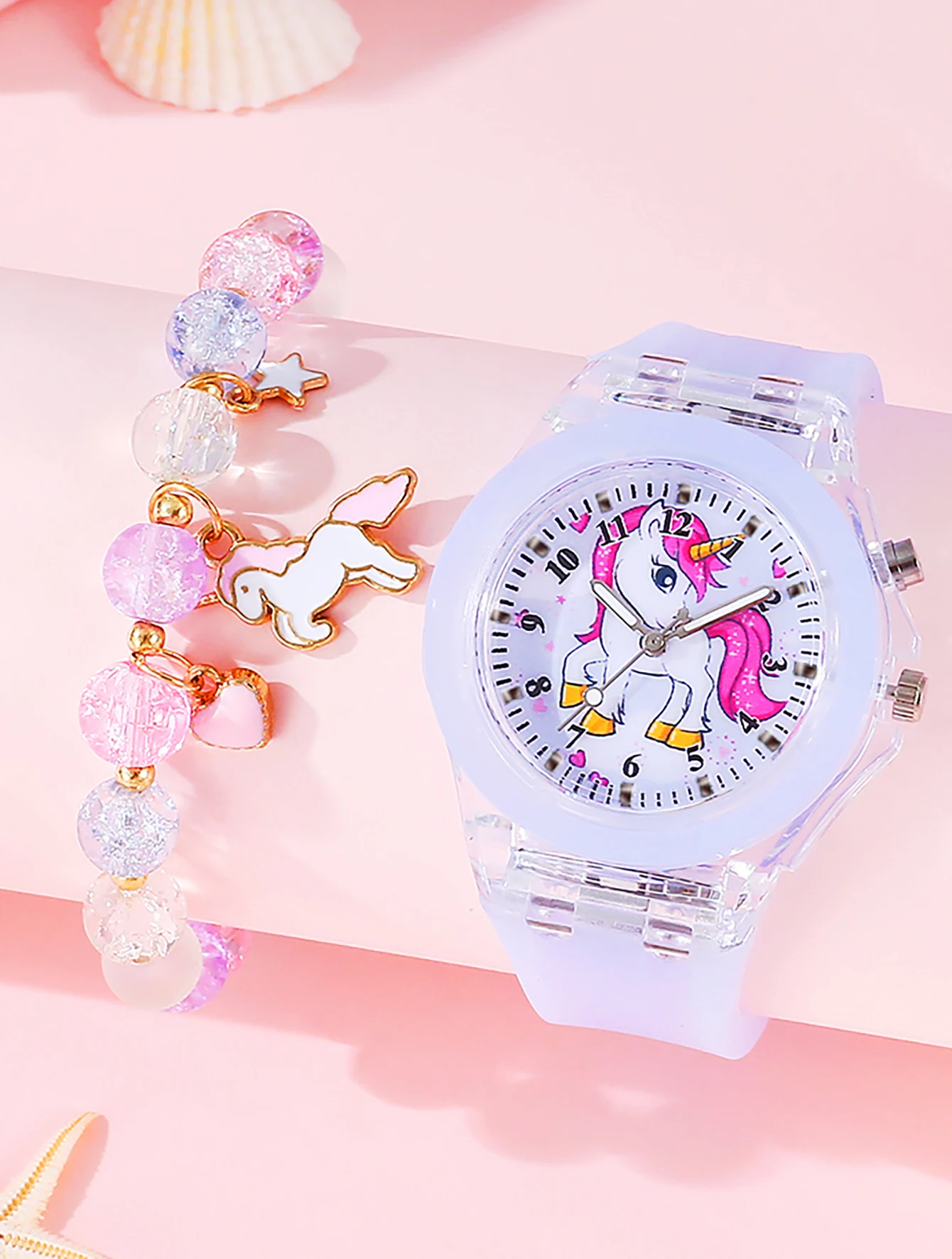 5PCS purple cute silicone Unicorn digital watch and acrylic unicorn bracelet set gift no gift box 3