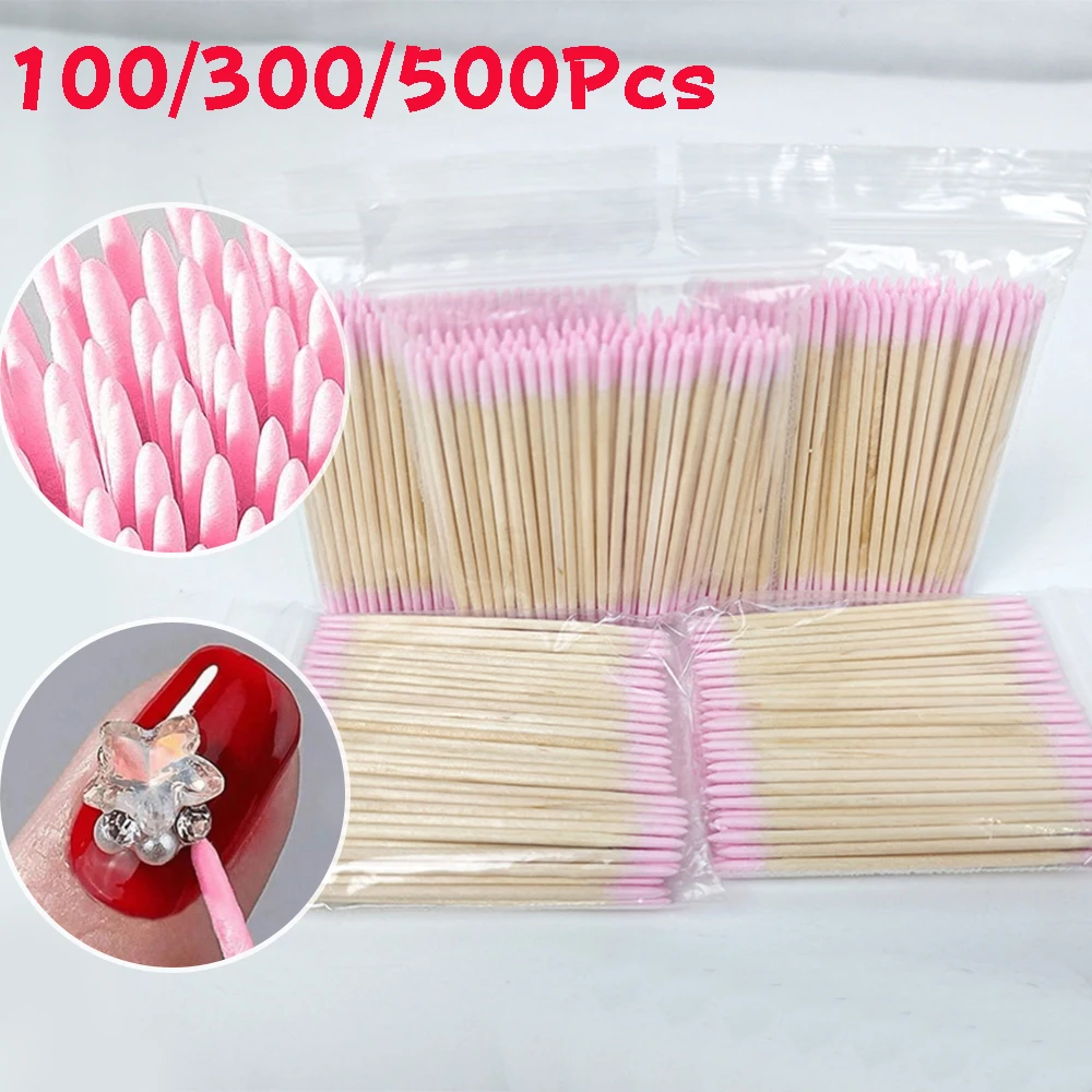 100/300/500Pcs Pink 7cm Nails Wood Cotton Swab Clean Sticks Nail Polish Remover Double-head Manicure Detail Corrector Nail Tools