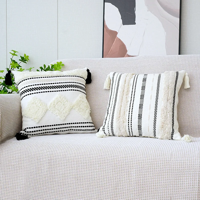 

Boho Cotton and Linen Cushion Cover Geometric Hemp Thread Crochet Throw Pillow Cover Living Room Bedroom Pillowcase