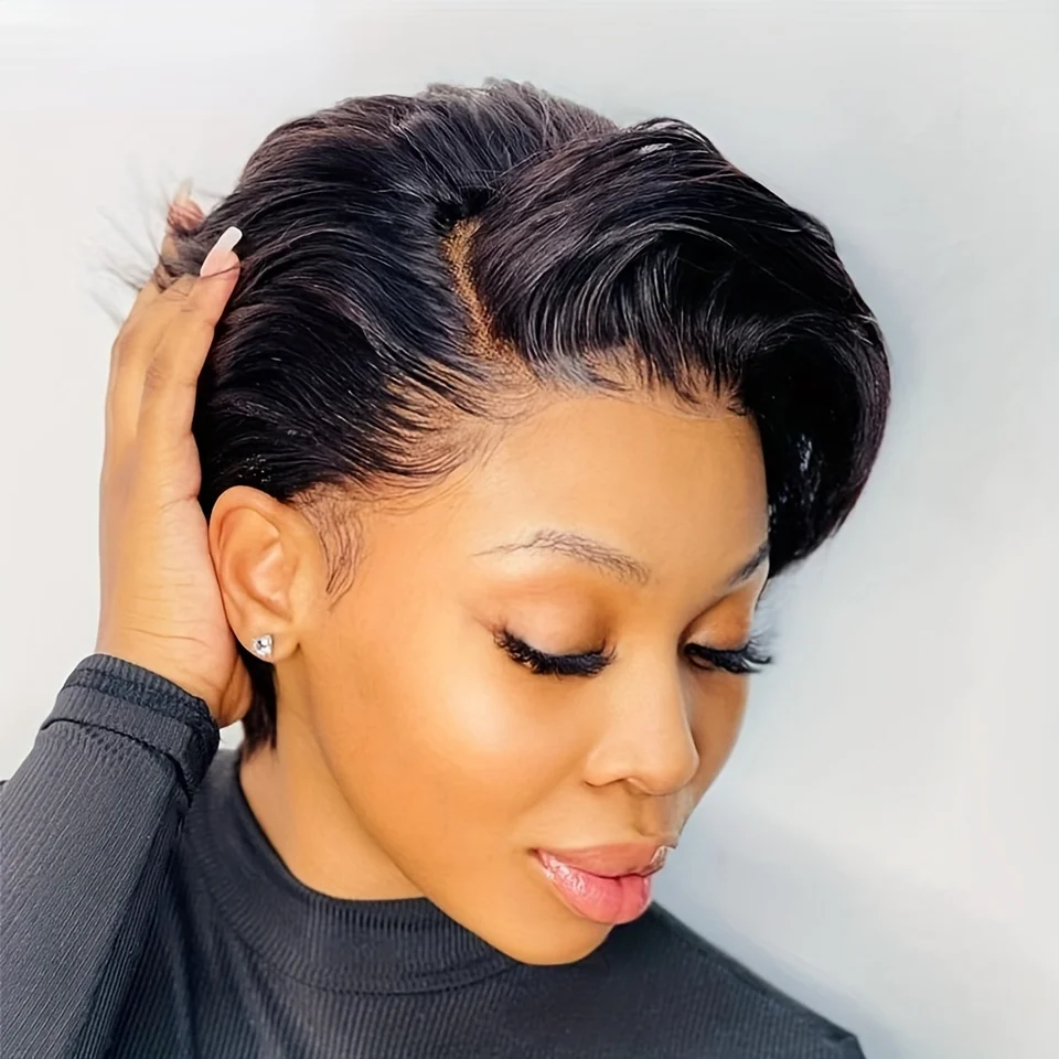 Straight Human Hair Wigs Short Pixie Cut Wig 13x1 T Part Transparent Lace Front Wig for Women