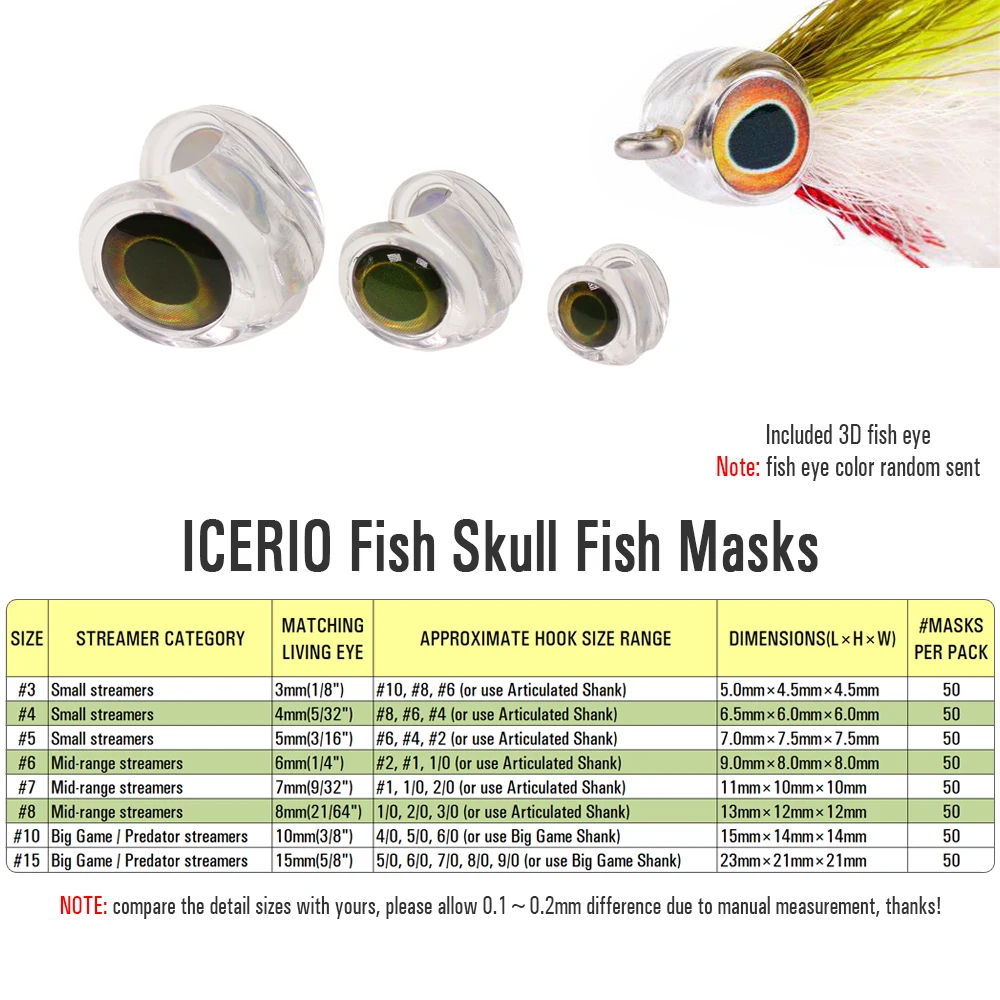 ICERIO-mascarilla transparente de Fluoro epoxi, máscara de pescado Streamer, Material de atado de moscas de agua salada, ojos de pez 3D incluidos, 50 piezas