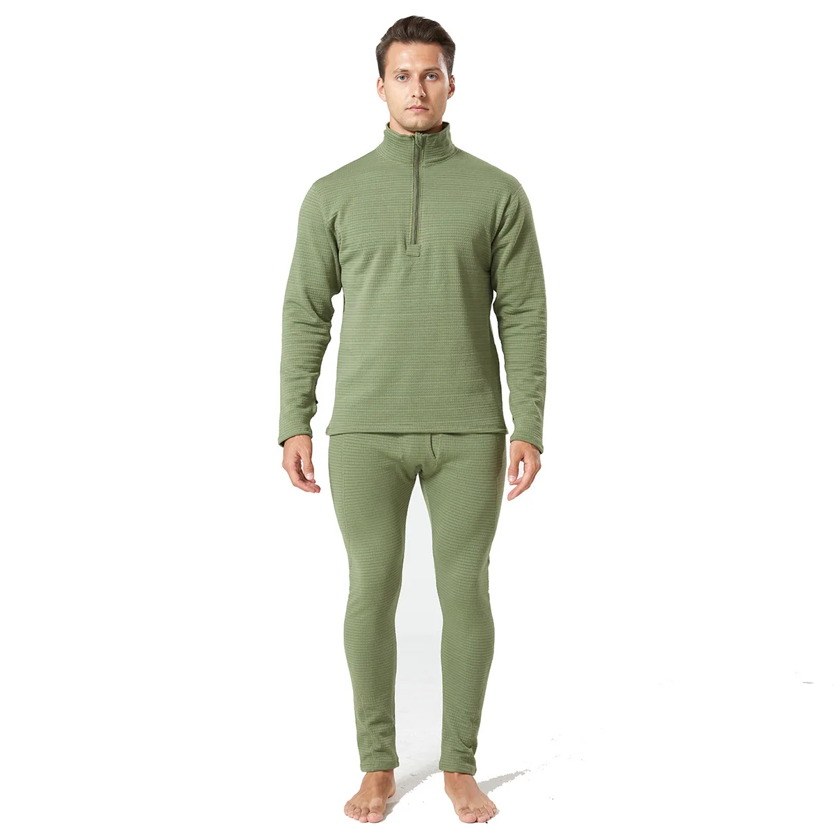 2023Outdoor Tactical Sports Thermal Underwear Set for Men's Square Check Collar Polar Fleece Thermal Underwear Set Tracksuit Men