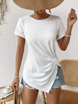 Tuta da donna a maniche corte con scollo tondo, orlo annodato, t-shirt casual da vacanza con trama cava, top carini 1