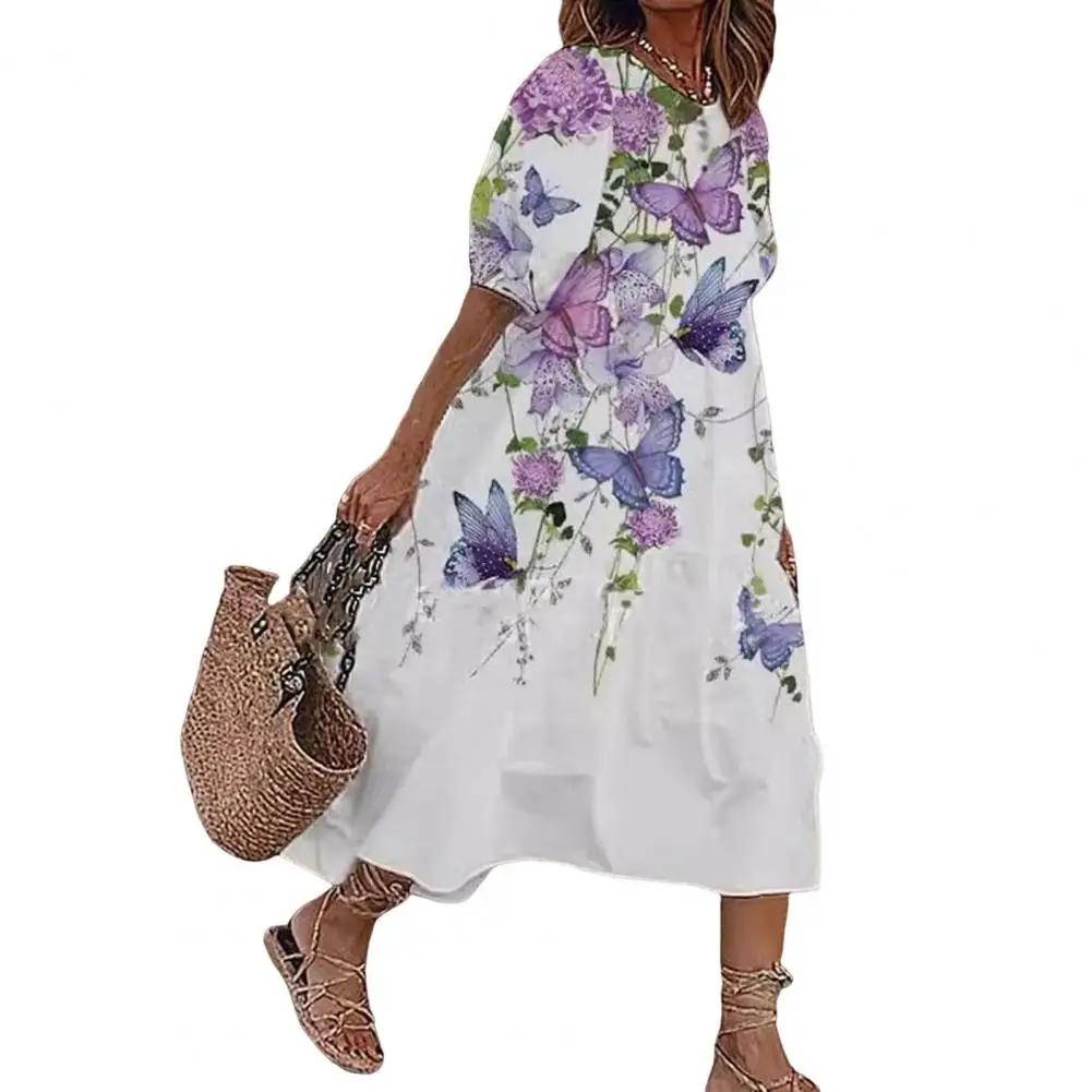 

Women Dress Loose Fit Dress Floral Print Bubble Sleeve Midi Dress for Women Wear Vacation Outfit with O Neck Mid-calf Length