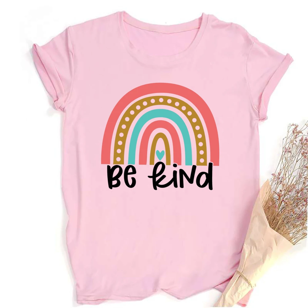 

Be Kind&rainbow Pattern Print T-shirt Short Sleeve Crew Neck Tee Tops Casual Comfort Girl Top Summer&Spring Women Clothing