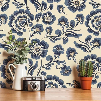 Peel and Stick Blue Floral PVC Wallpaper Elegant Waterproof Furniture Sticker Watercolor Contact Paper 1