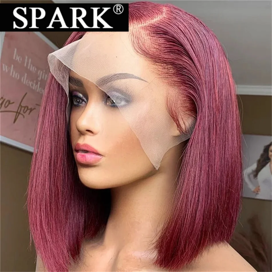 Spark Short Straight Bob Wig 99J Colored Bob Peruvian Human Hair Side Part Lace Frontal Natural Black1B Transparent Lace Bob Wig